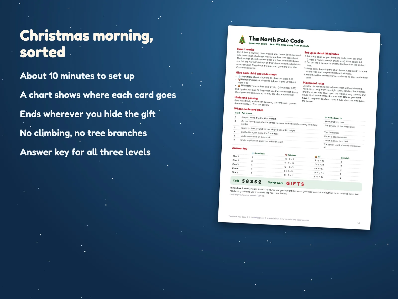 The one-page grown-up guide with the placement chart, placement rules and the answer key