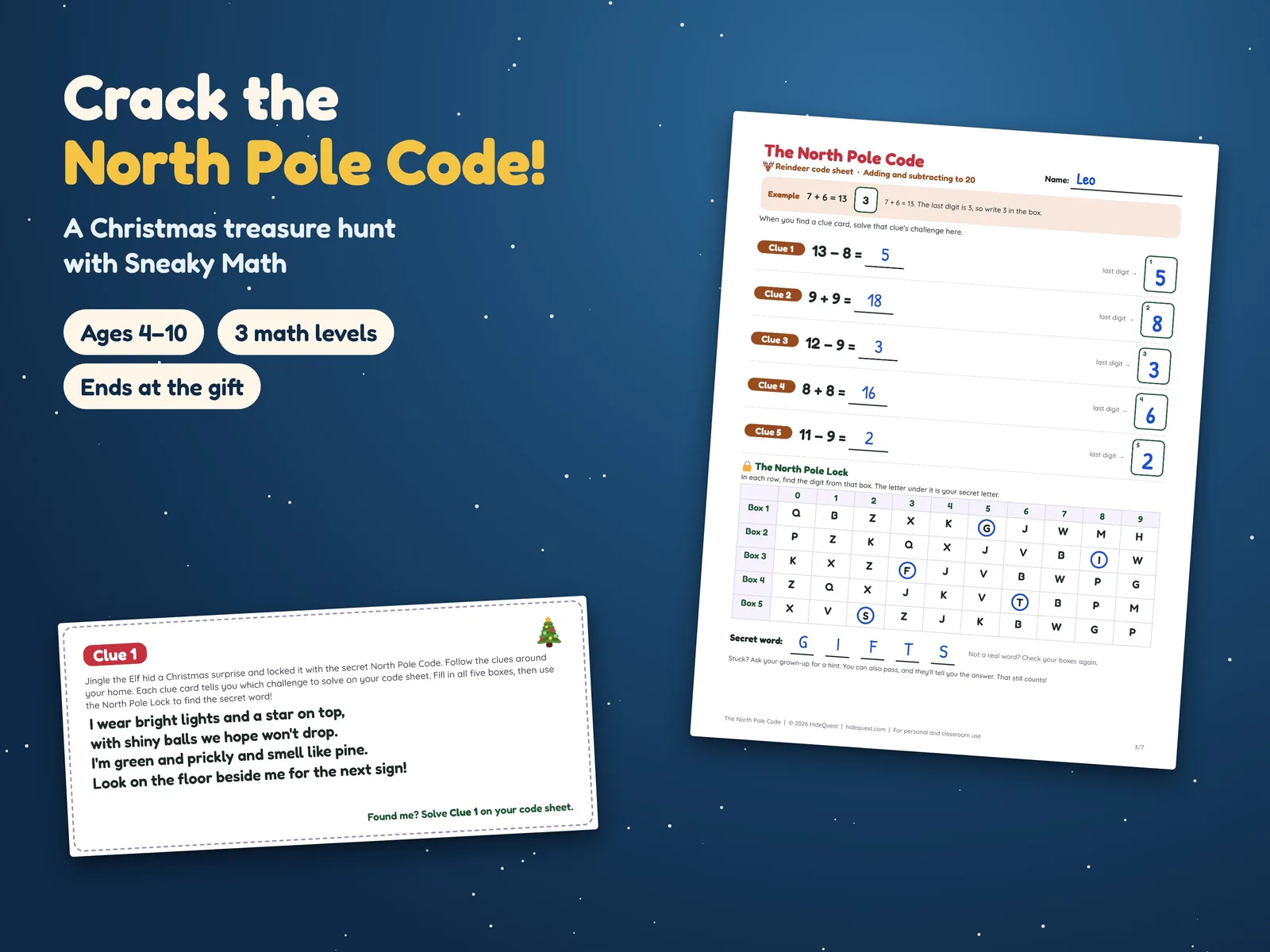 The North Pole Code: the first rhyming clue card, about the Christmas tree, and a solved Reindeer code sheet with the North Pole Lock