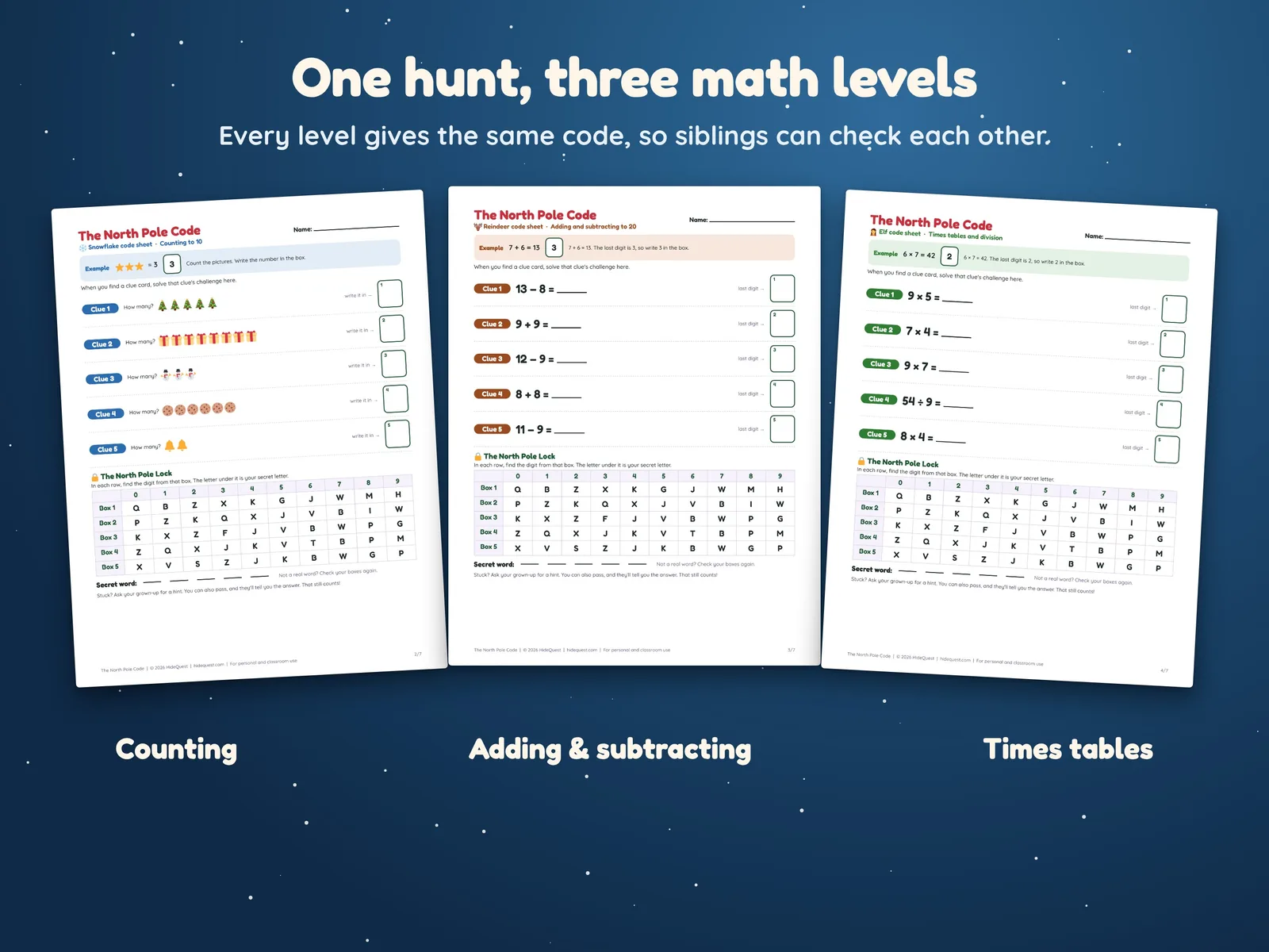 The Snowflake, Reindeer and Elf code sheets side by side: counting, adding and subtracting, and times tables