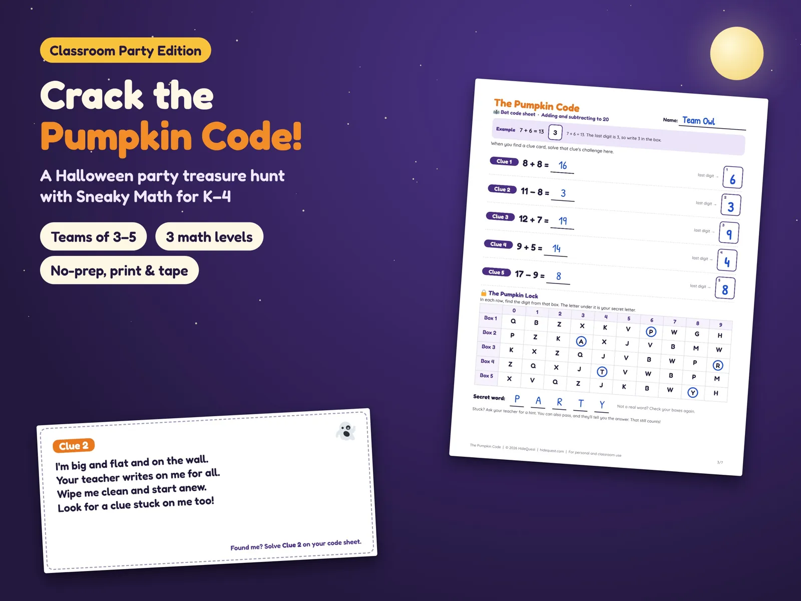 The Pumpkin Code Classroom Party Edition: a whiteboard clue card and a team code sheet