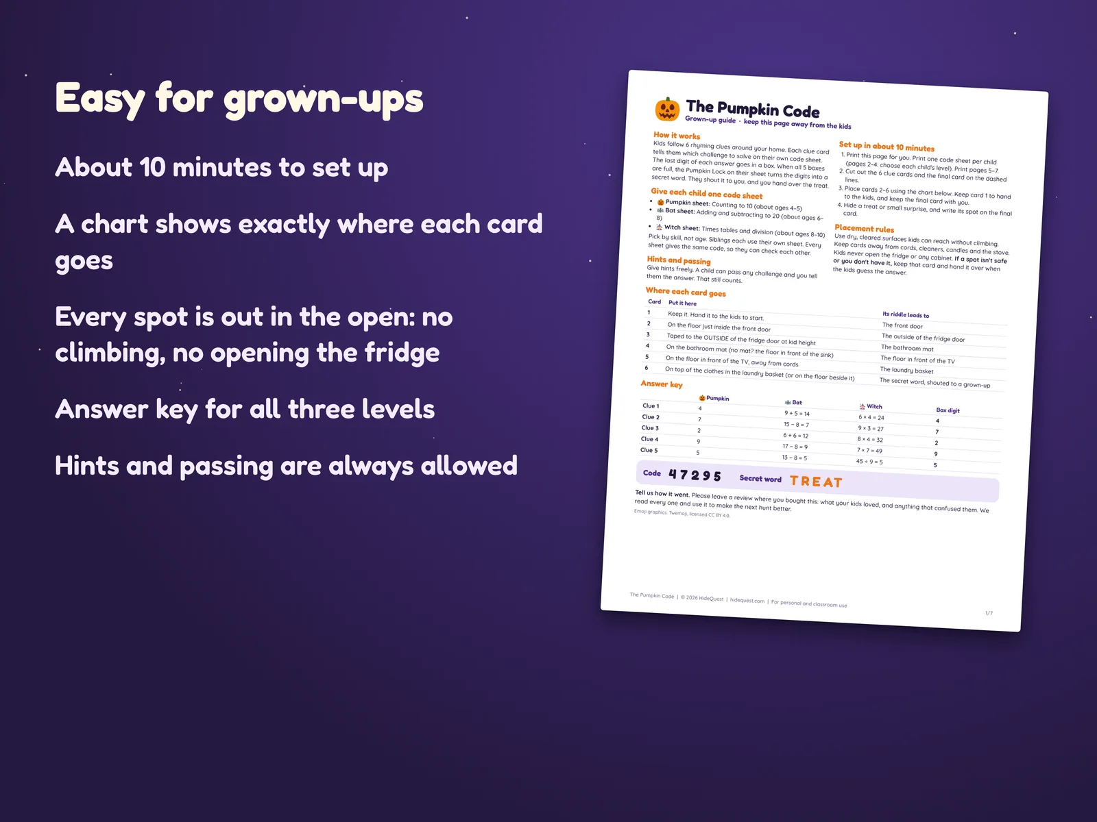 The one-page grown-up guide with the placement chart and the answer key