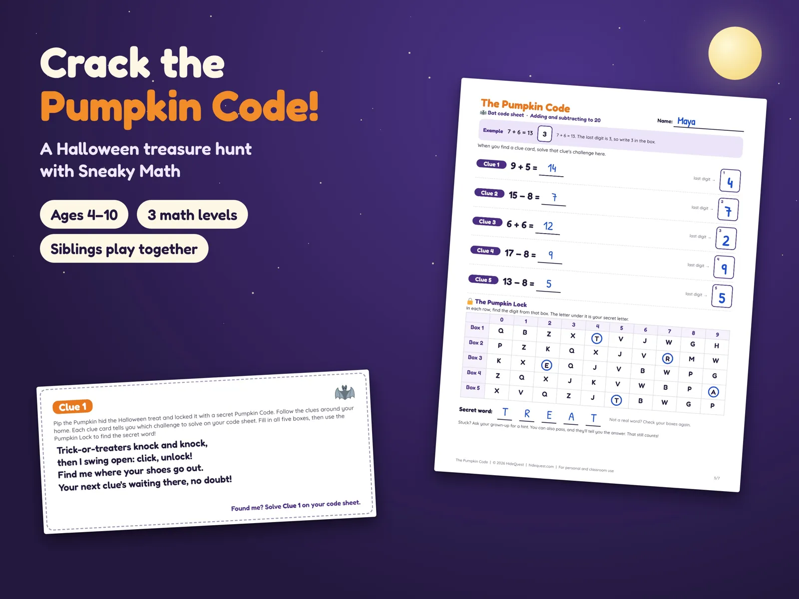 The Pumpkin Code: a rhyming clue card and a filled-in Bat code sheet with the Pumpkin Lock