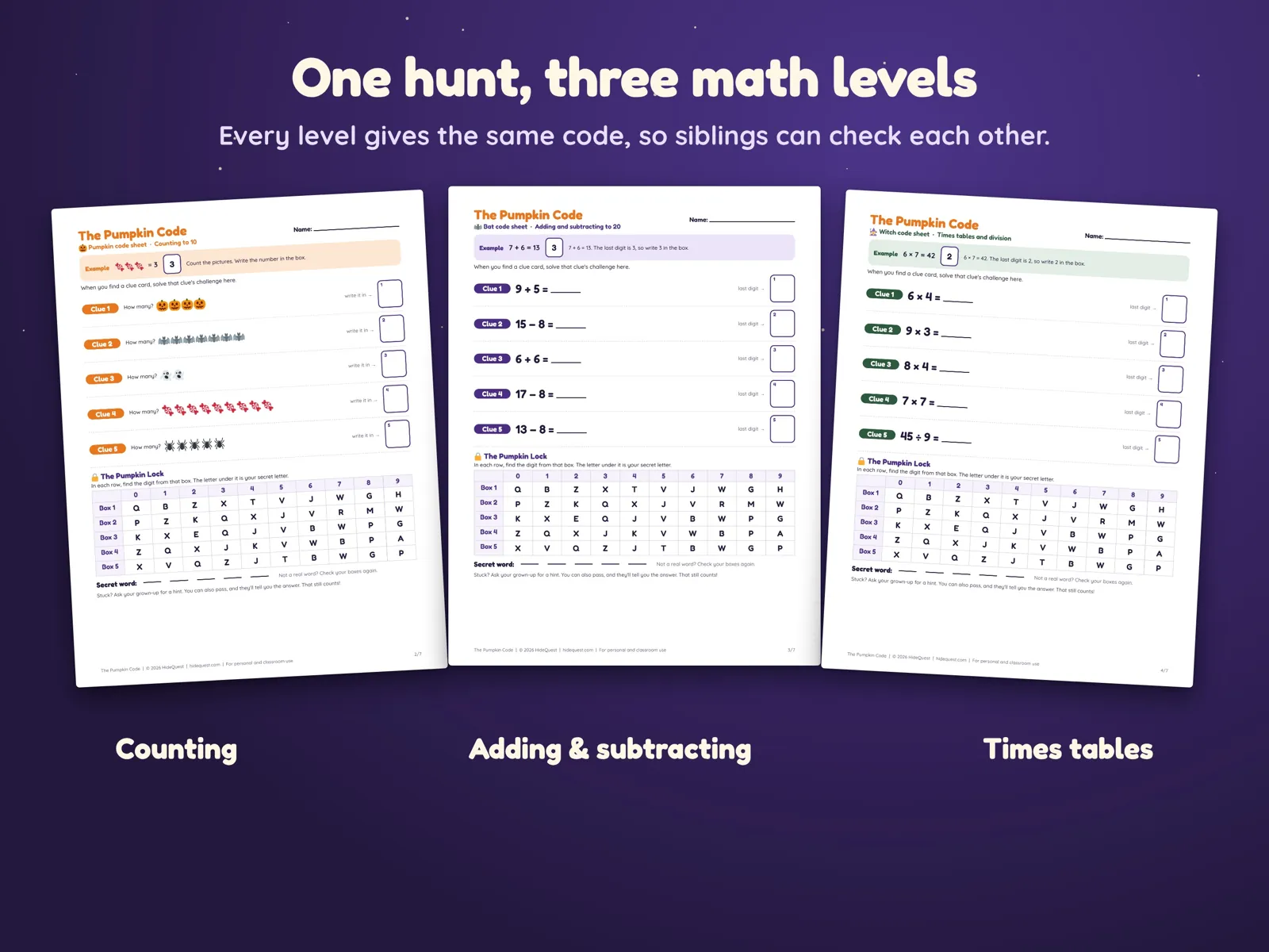 The three code sheets side by side: counting, adding and subtracting, and times tables