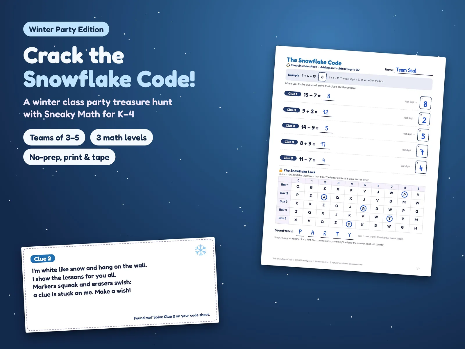 The Snowflake Code Winter Party Edition: a whiteboard clue card and a team's solved Penguin code sheet