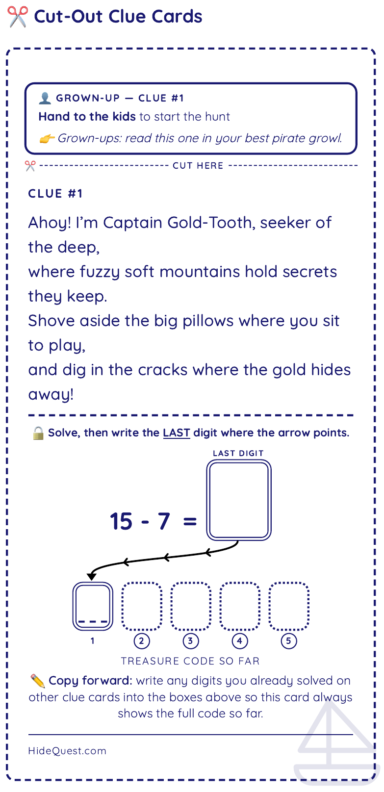 A real printed HideQuest treasure hunt clue card: a rhyming pirate clue pointing to the couch cushions, plus a 15 − 7 math problem whose last digit fills in the treasure code.