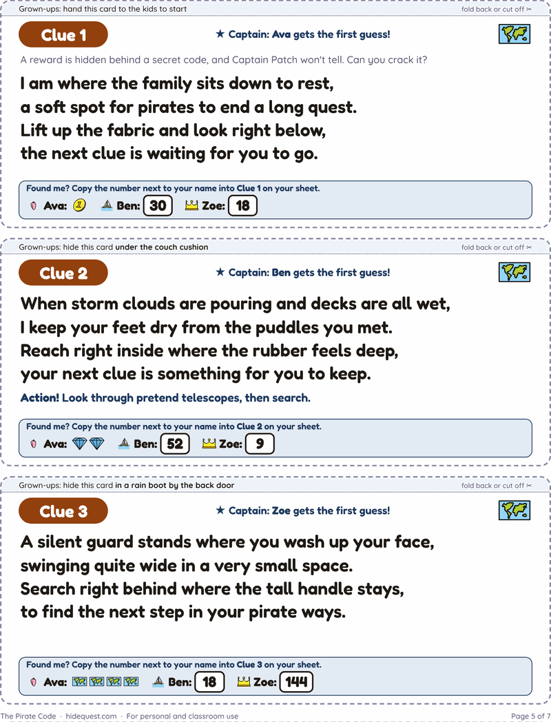 A real printed HideQuest page with three pirate clue cards: a rhyming riddle for the next hiding spot, a captain for each clue, and a number for each child to copy onto their sheet.