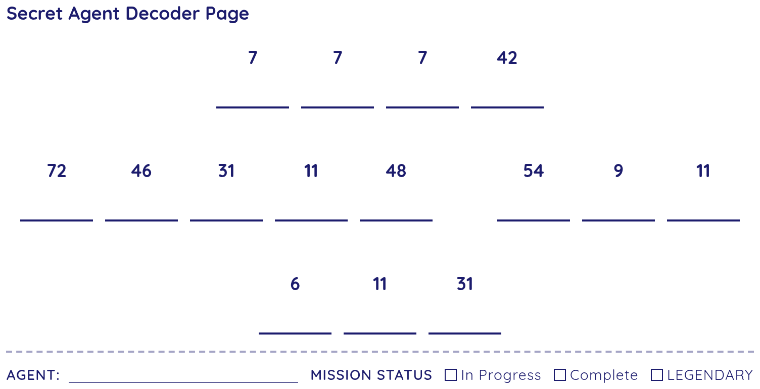 The printed HideQuest Secret Agent Decoder Page, with a numbered slot for every letter of the message.