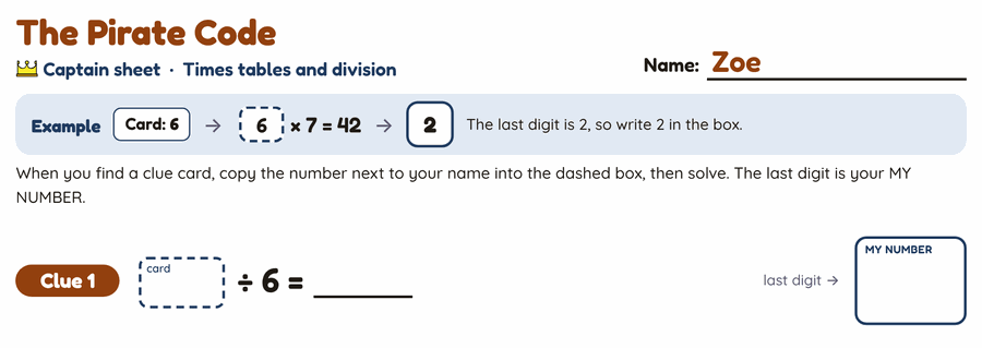 Age 10 Captain sheet: times tables and division with the number from each clue card.