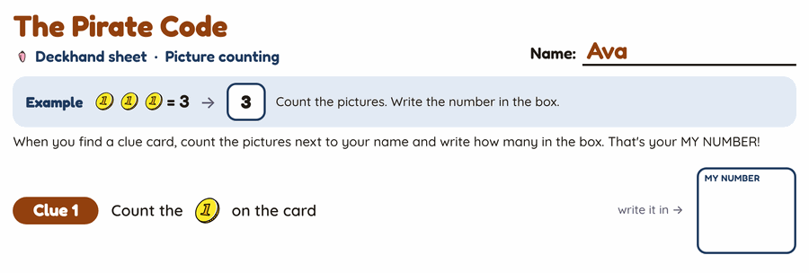 Age 4 Deckhand sheet: count the pictures next to your name on each clue card and write the number.