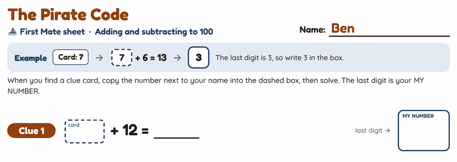 The age 7 First Mate sheet: copy the number from the card into the dashed box, solve, and write the last digit as MY NUMBER.
