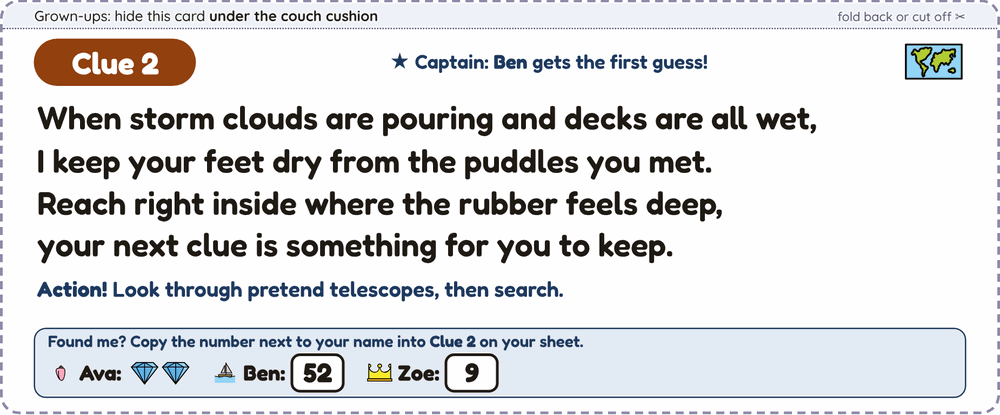 A printed HideQuest Treasure Hunt clue card: a rhyming riddle, a captain for the clue, and each child's number