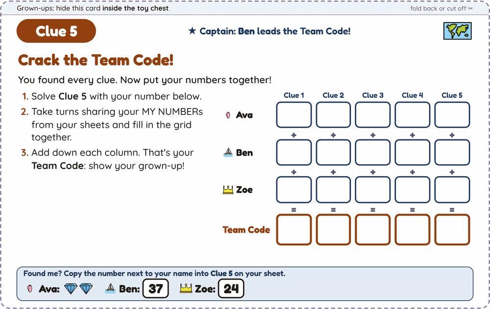 A printed Crack the Team Code card with a grid where three kids add their numbers down each column to make the Team Code.